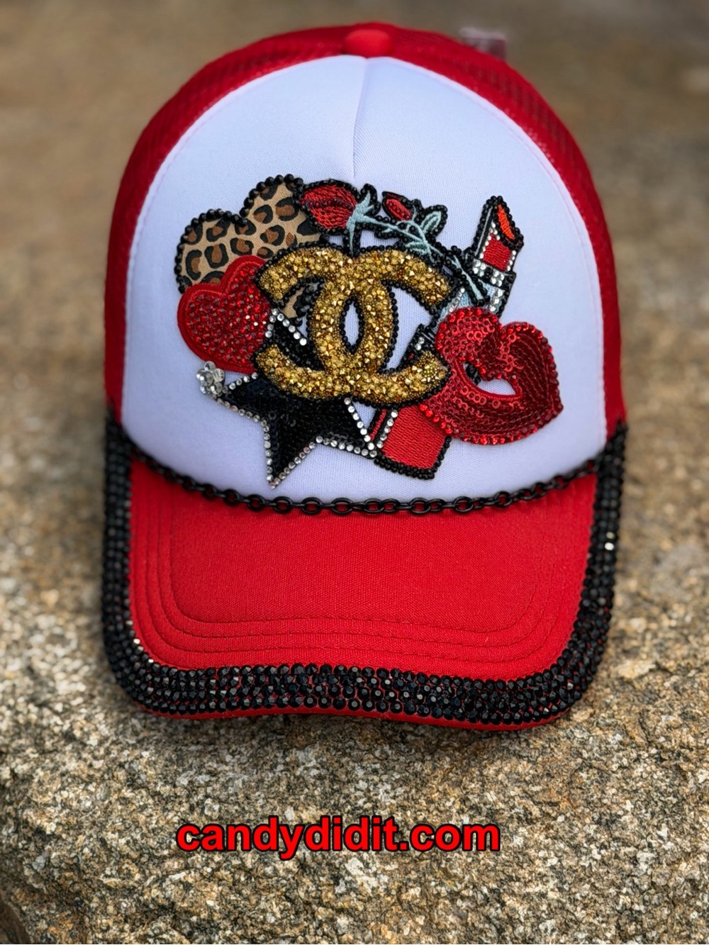 New! Handmade Red & White Glitz & Collage Glamor Trucker Hat